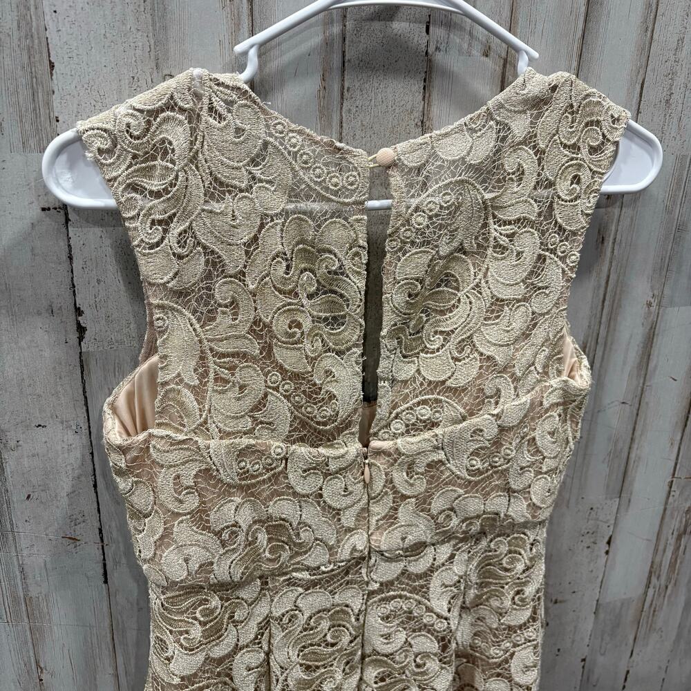 Aidan Mattox Champagne V Neck Lace Mid Slit Dress Maxi Formal Wedding Guest 4 - Picture 5 of 9